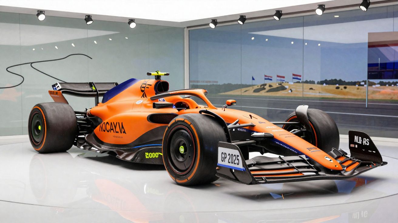 Carro de Fórmula 1 laranja futurista exposto em vitrine com pista ao fundo e detalhes em preto.