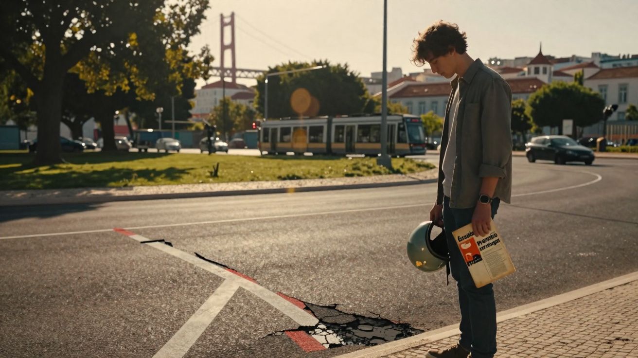 Jovem de pé em calçada olhando para buraco na rua com capacete e jornal na mão, ao fundo bonde e ponte.