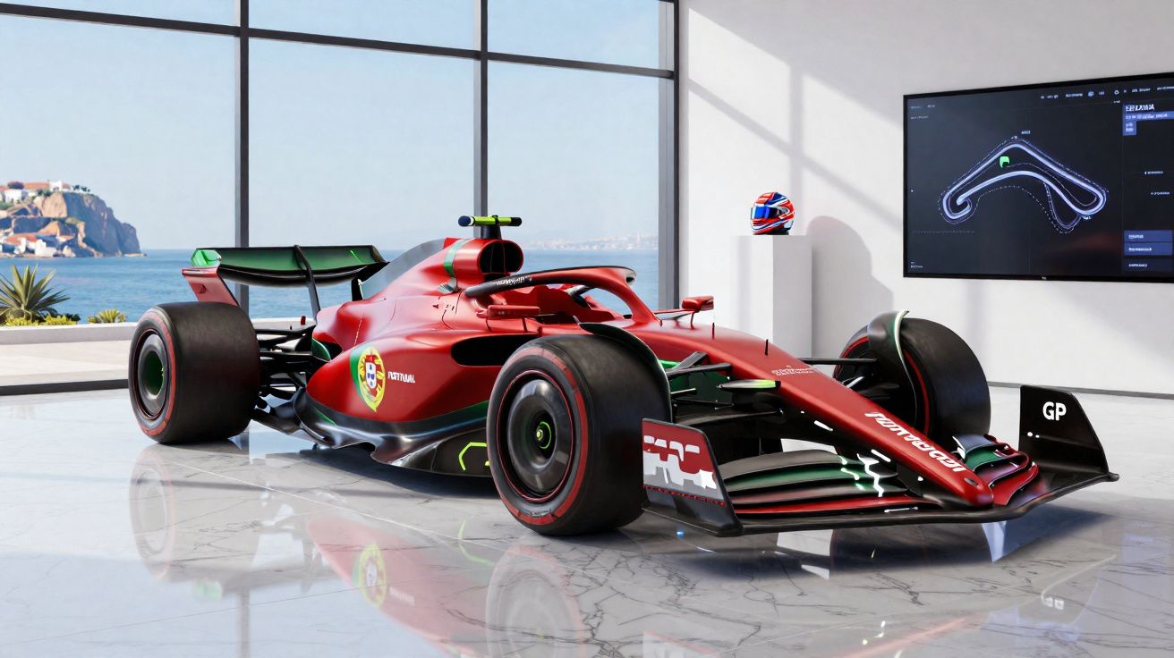 Carro de Fórmula 1 vermelho com detalhes verdes em garagem moderna com vista para o mar.