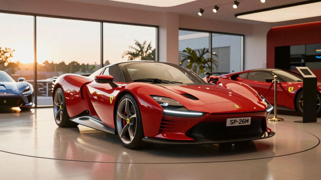 Carro esportivo vermelho da Ferrari em exposição em showroom moderno com janela e luz natural.