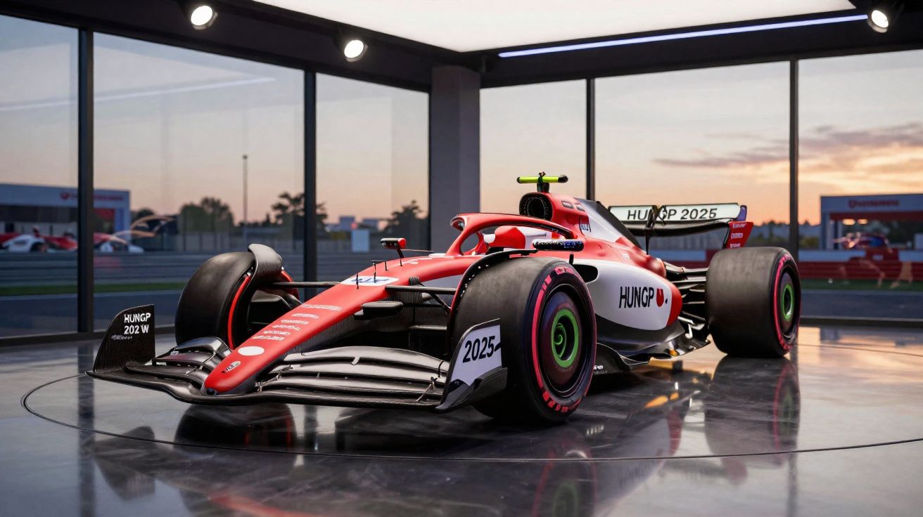 Carro de Fórmula 1 vermelho e branco da equipe HUNGP 2025 em exposição coberta ao entardecer.