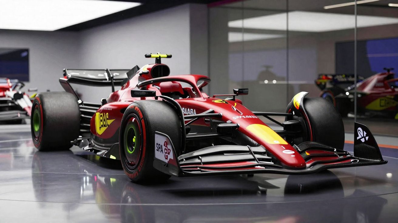 Carro de Fórmula 1 vermelho com detalhes amarelos em garagem com piso refletivo e espelhos nas paredes.