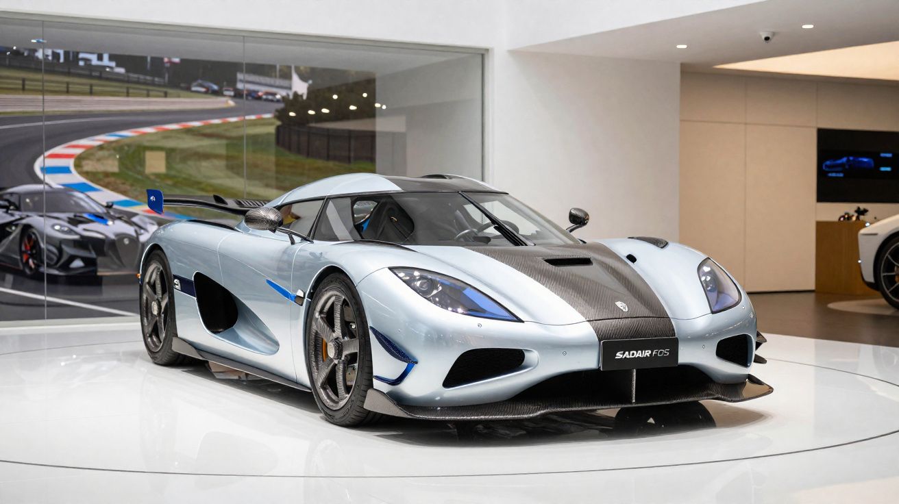 Carro esportivo prata Koenigsegg Agera RS com detalhes em fibra de carbono em exposição interna.