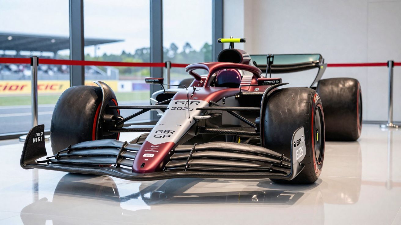 Carro de Fórmula 1 GHR GP 2025 exposto em ambiente interno com piso brilhante e proteção vermelha.