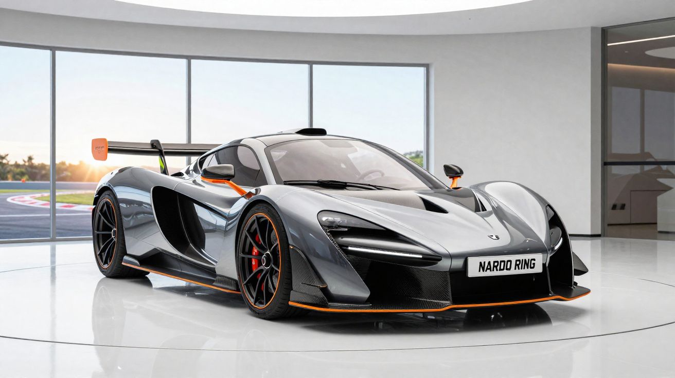 Carro esportivo cinza prata com detalhes em laranja em showroom com grandes janelas atrás.