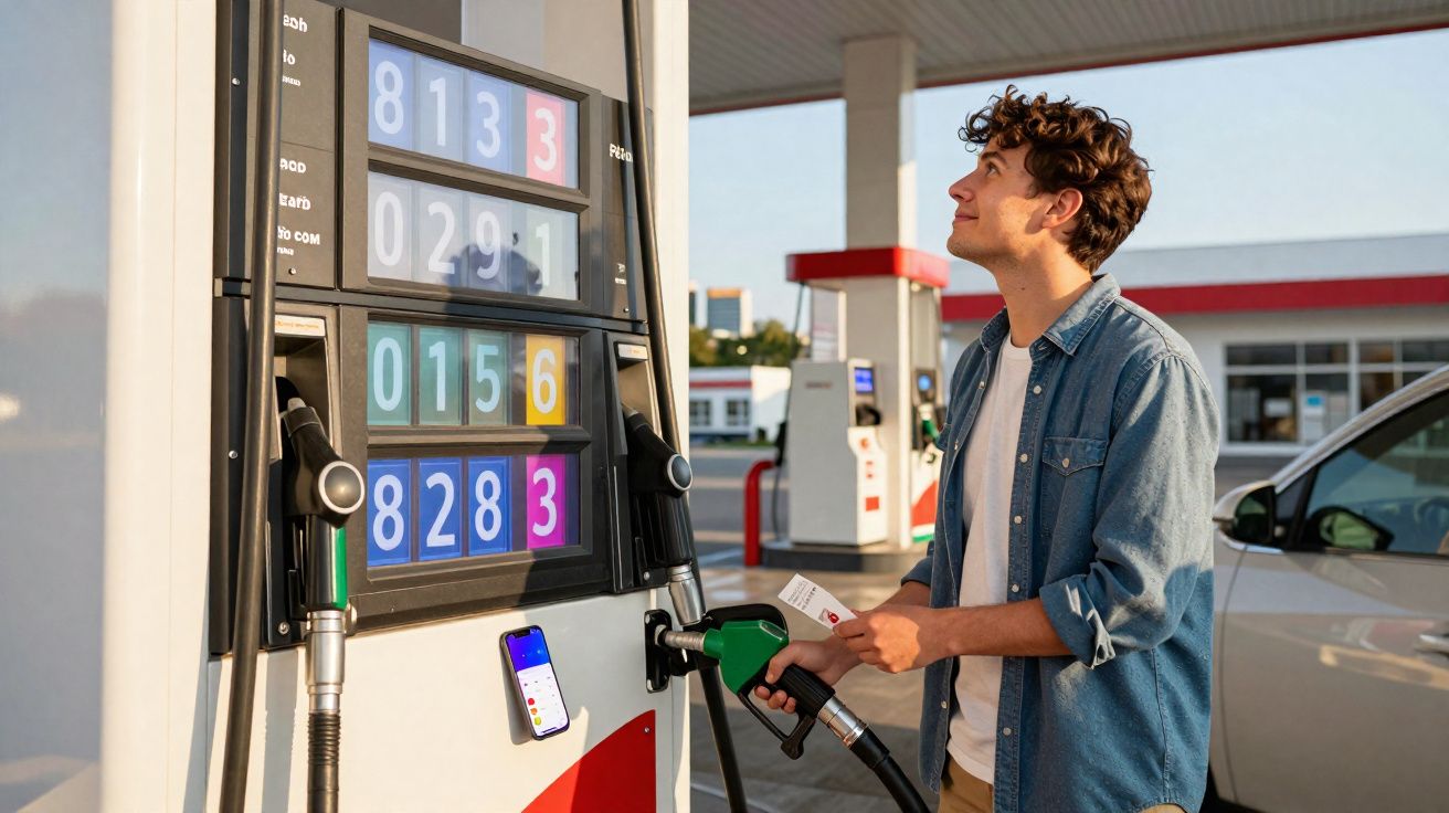 Homem olhando para painel de preços de gasolina enquanto abastece carro em posto de combustível.