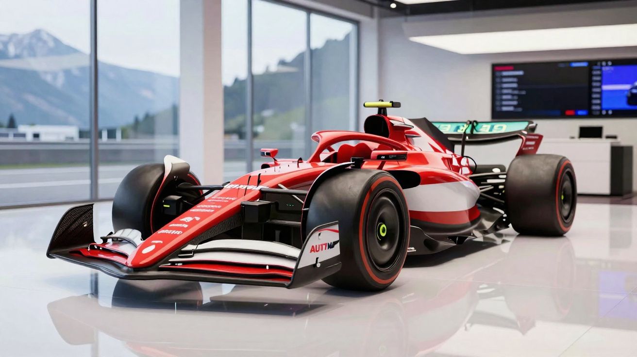 Carro de Fórmula 1 vermelho exibido em uma sala com janelas grandes e vista para montanhas.