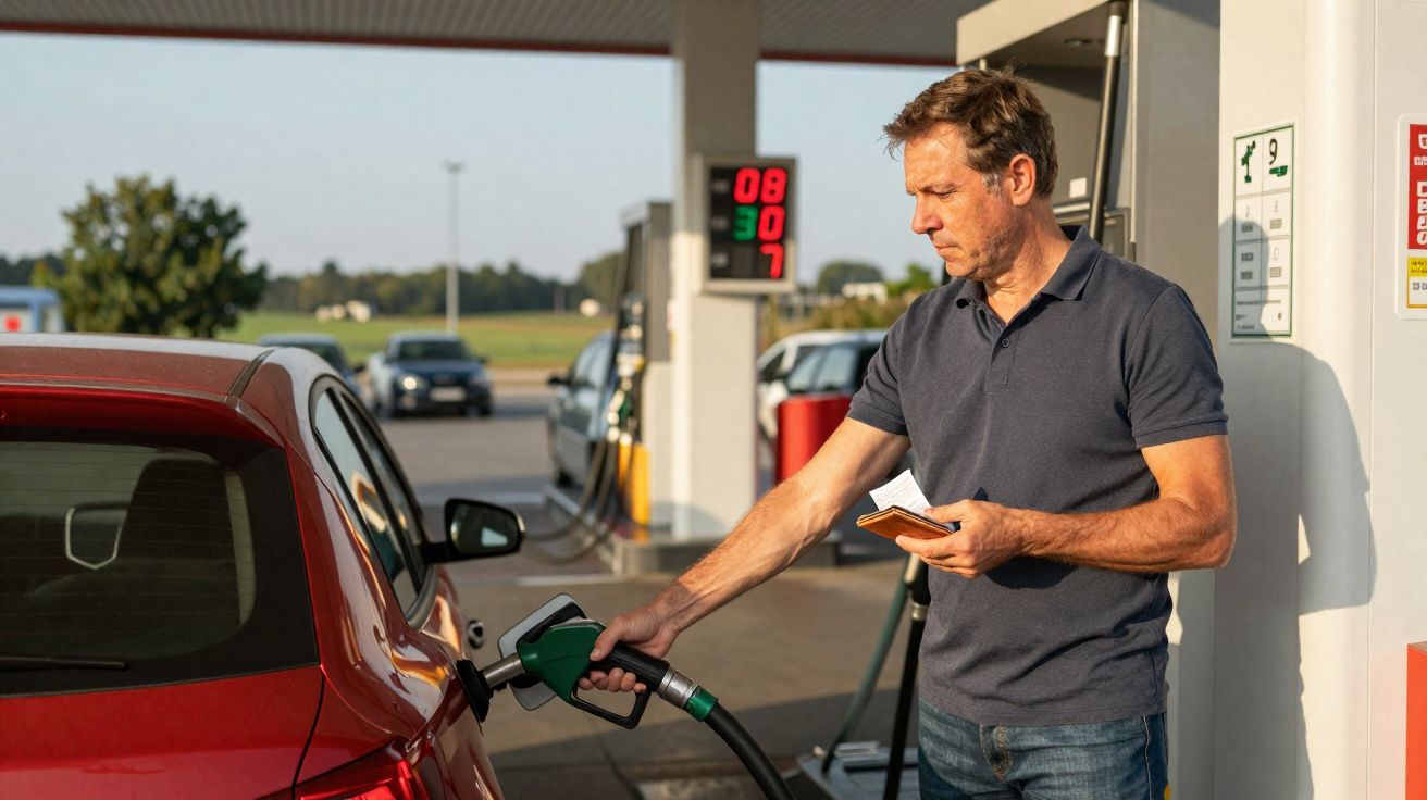 Homem abastecendo carro vermelho em posto de gasolina ao ar livre durante o dia.