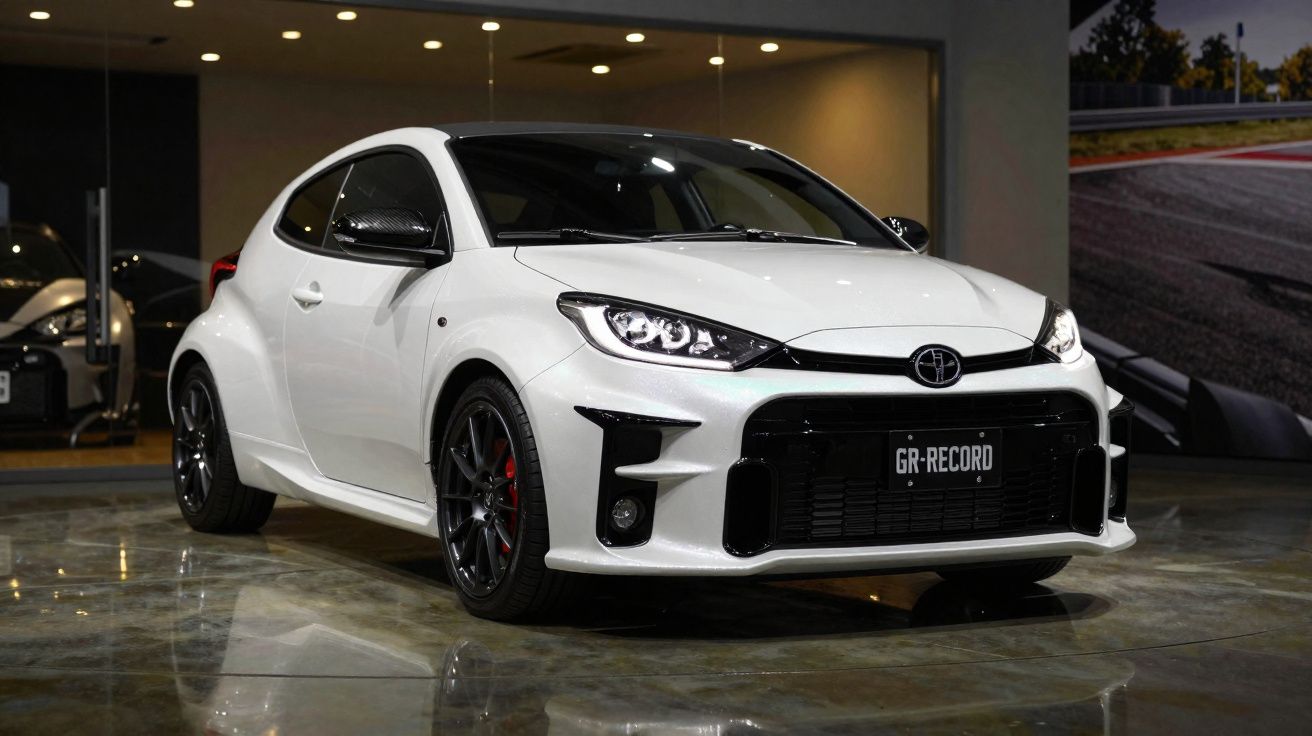 Carro esportivo branco Toyota GR Yaris estacionado em ambiente interno iluminado e com piso refletivo.