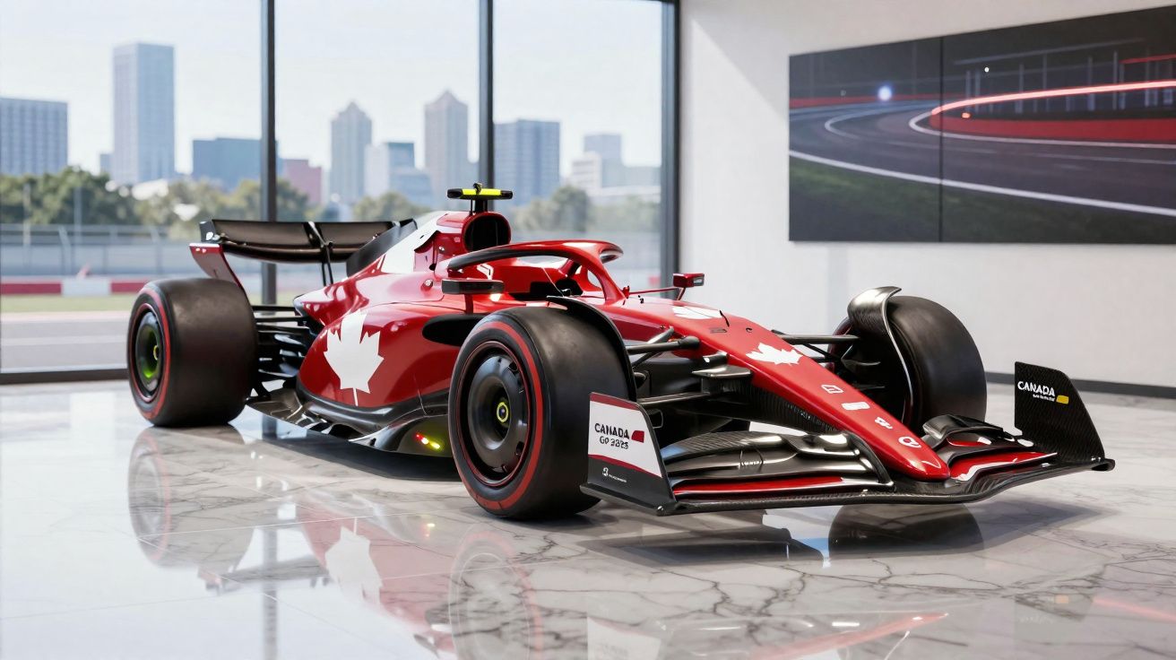 Carro de Fórmula 1 vermelho com detalhes da bandeira do Canadá em uma garagem com piso de mármore.