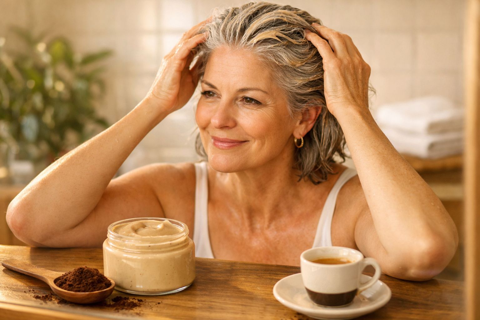 Mulher sorridente aplicando creme no cabelo, com café e ingredientes naturais na mesa.
