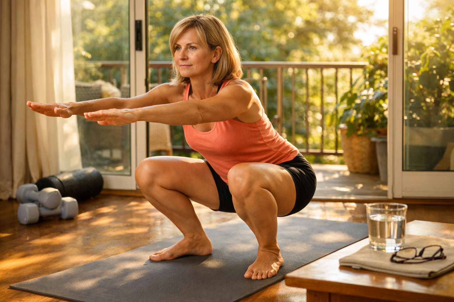 Mulher fazendo agachamento em tapete de yoga dentro de casa, com halteres e copo d'água ao lado.