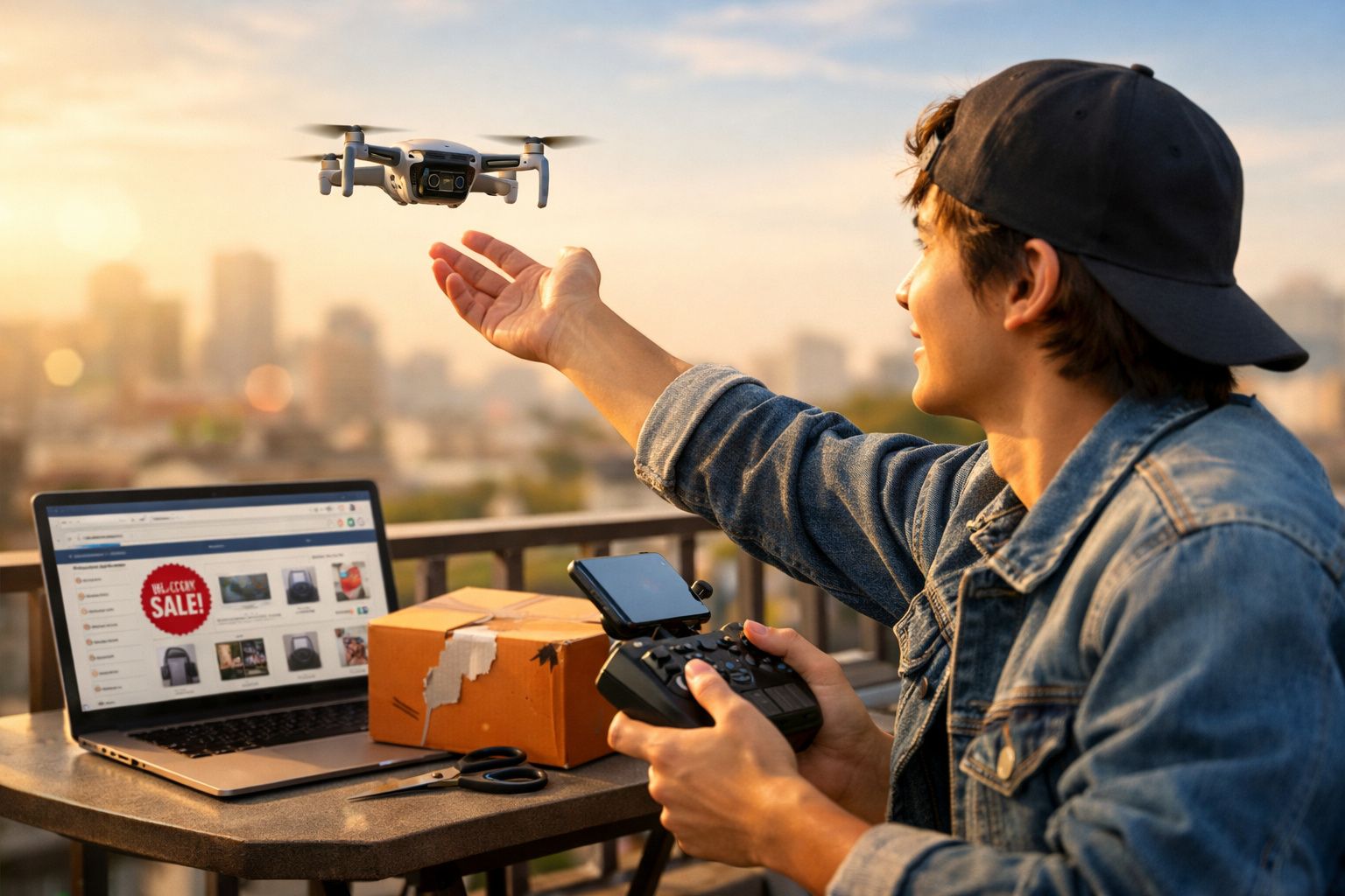 Jovem operando drone com controle remoto ao ar livre, laptop e caixa sobre mesa ao pôr do sol.