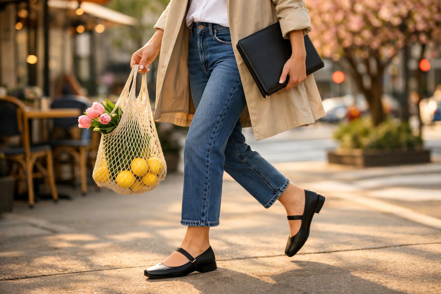 Pessoa caminhando com sacola de rede contendo limões amarelos e flores cor-de-rosa na rua urbana.