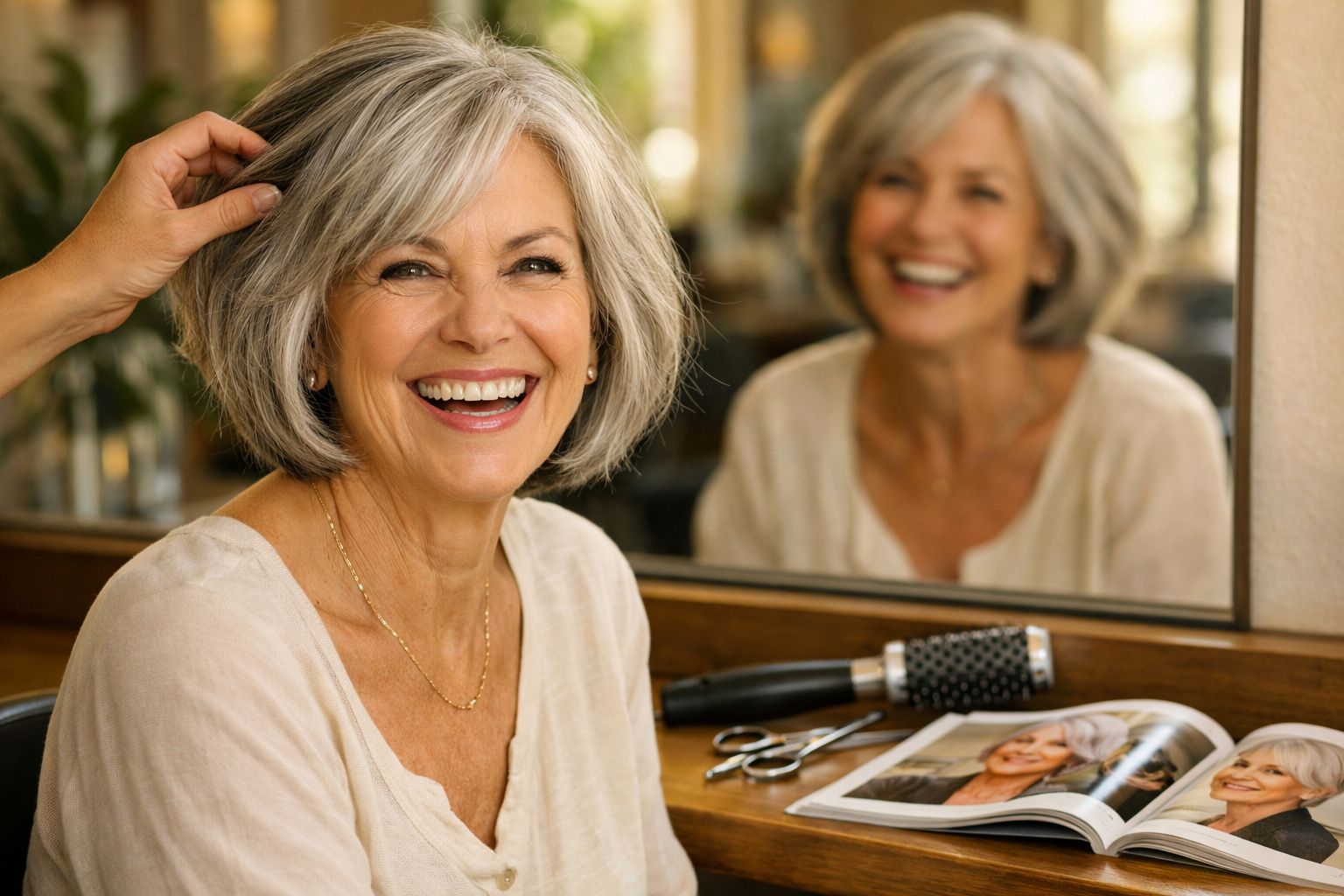 Mulher madura sorridente com cabelo grisalho curto sentada diante de espelho em salão de beleza.