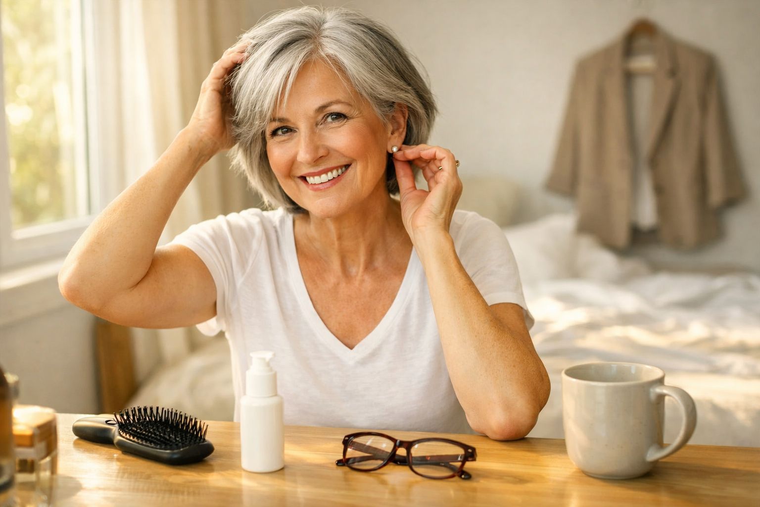Mulher madura sorridente ajeitando o cabelo em ambiente claro com objetos de cuidado pessoal e xícara na mesa.