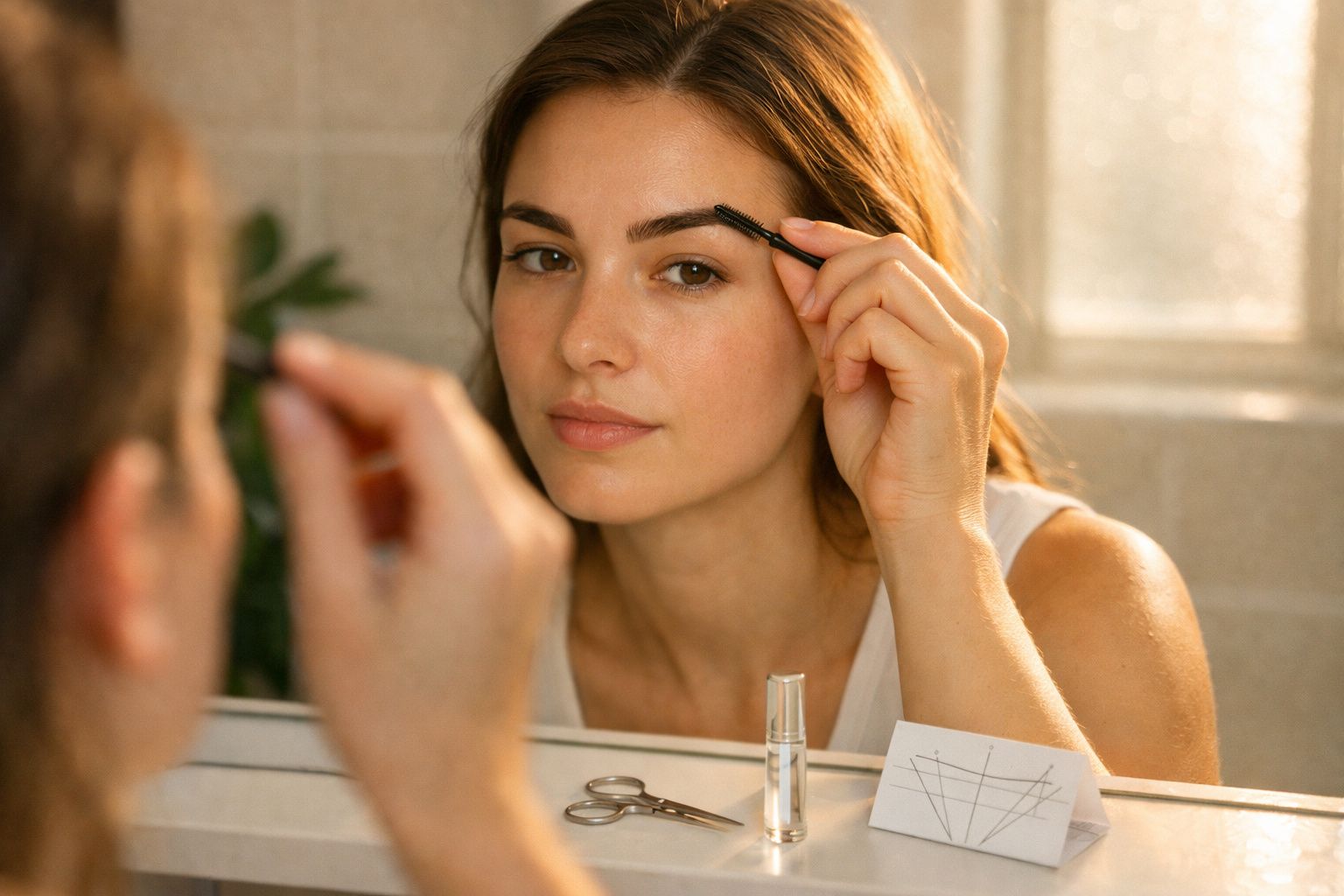 Mulher penteando a sobrancelha diante do espelho em ambiente iluminado por luz natural.