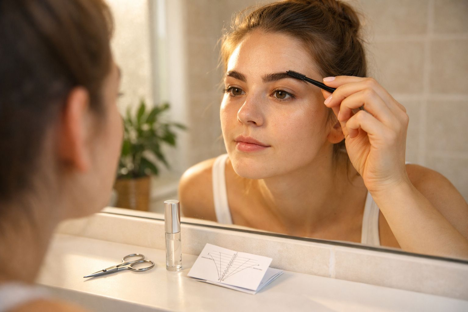 Mulher penteando sobrancelha com escovinha em frente ao espelho no banheiro.
