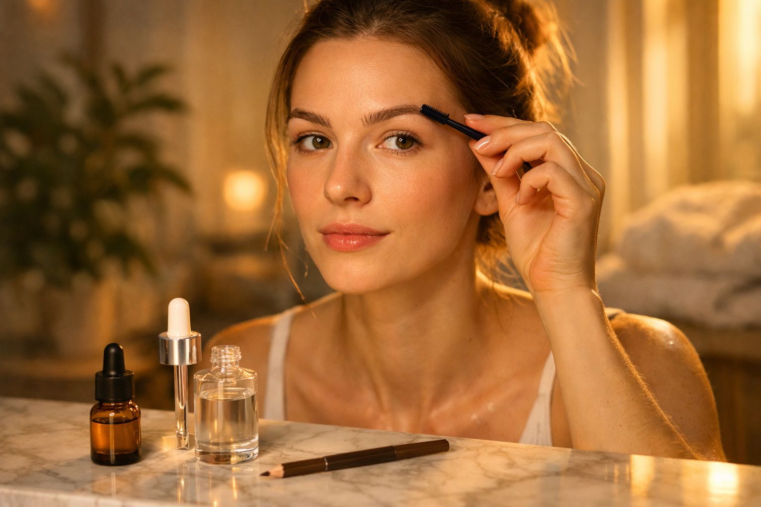 Mulher arrumando as sobrancelhas com escova, com frascos de cosméticos sobre a bancada.