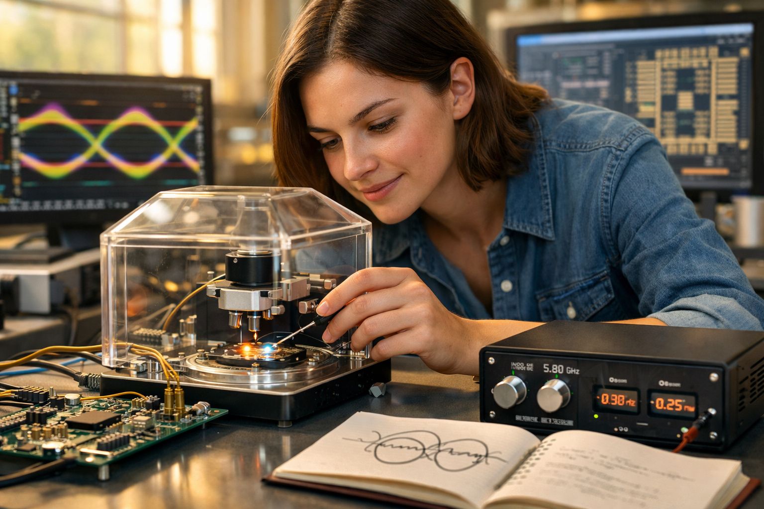 Mulher jovem ajusta equipamento eletrônico em laboratório com monitores e componentes ao redor.