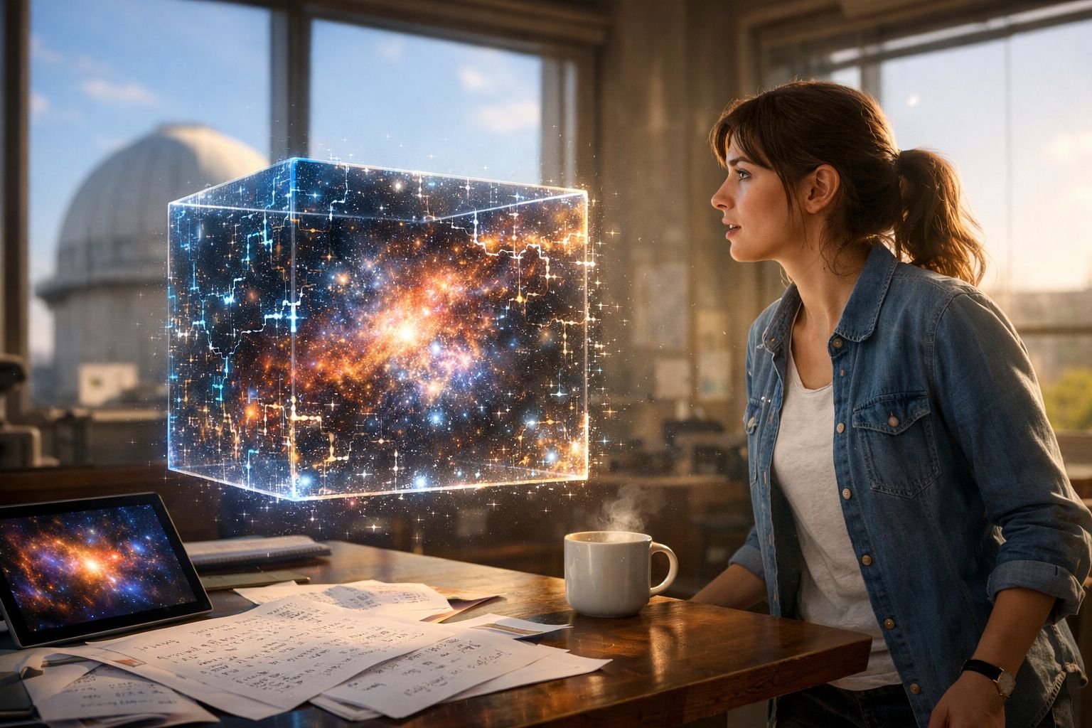Mulher observando cubo holográfico com galáxia em escritório com mesa, cafe e tablet.