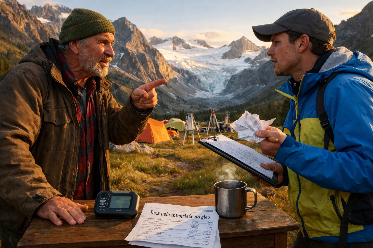 Dois homens discutindo em acampamento de montanha com glacial ao fundo e papéis sobre mesa de madeira.