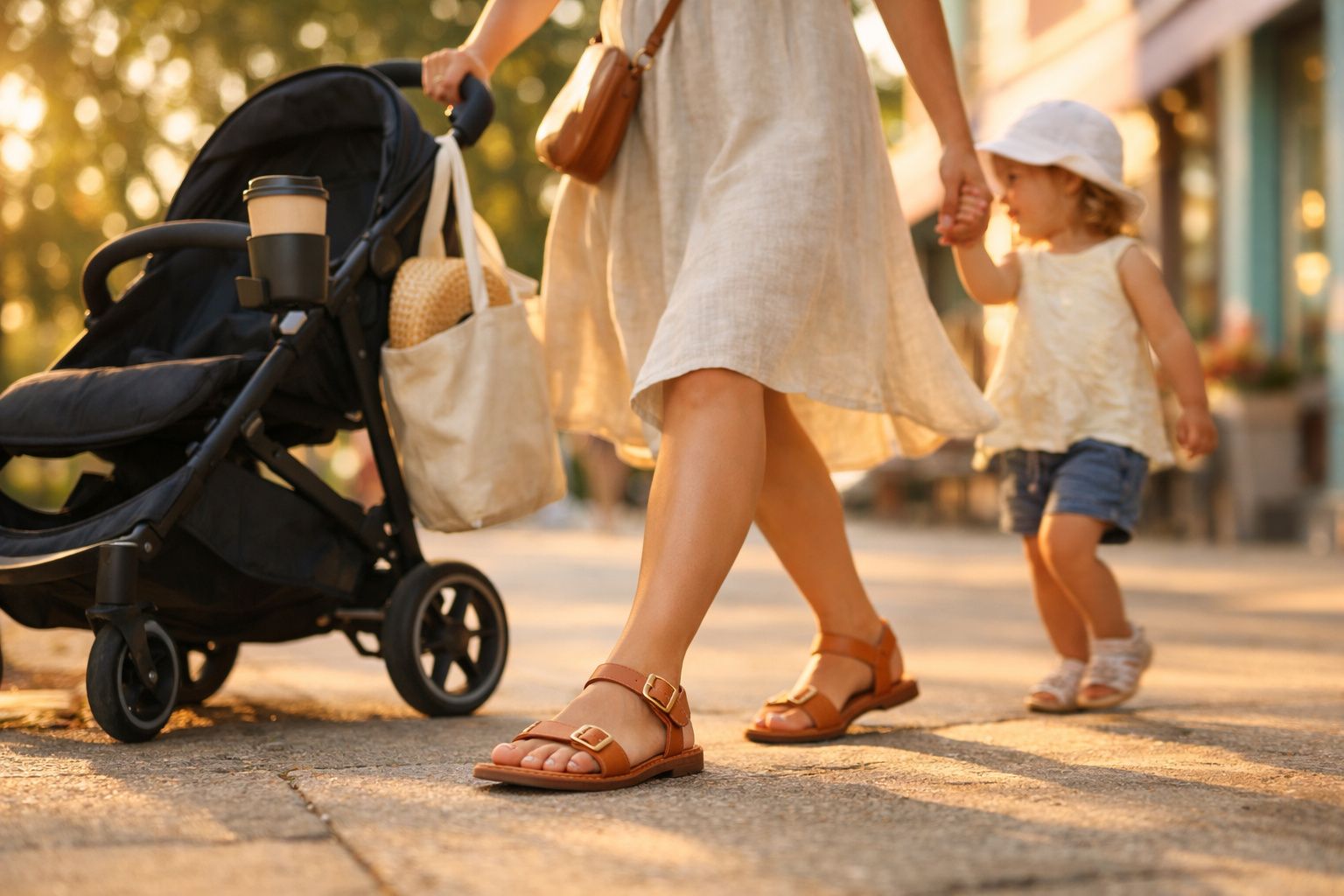 Mulher de vestido claro andando segurando mão de criança pequena com carrinho e copo de café.