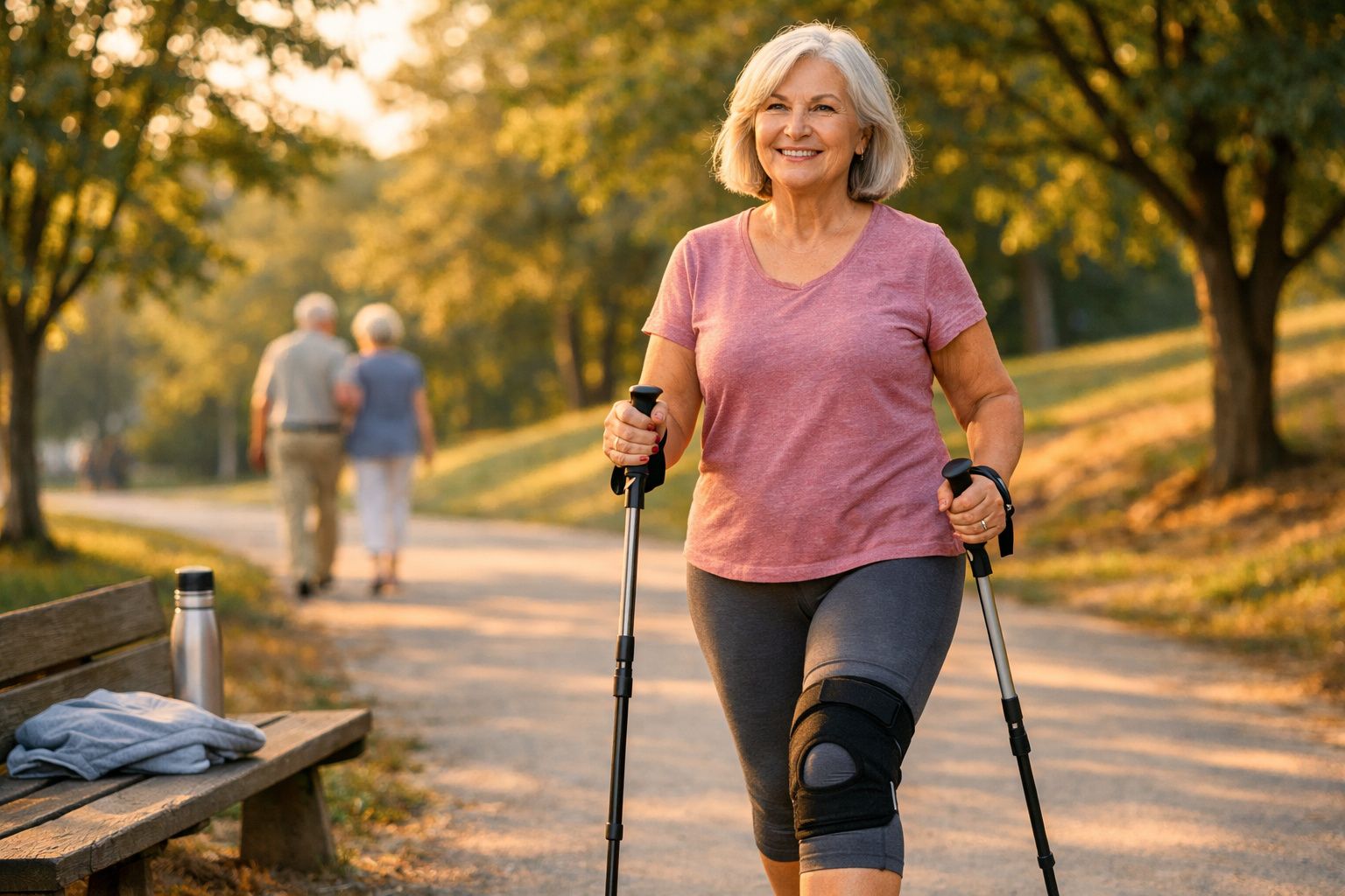 Mulher madura caminhando com bastões de caminhada em parque ao entardecer, sorrindo.