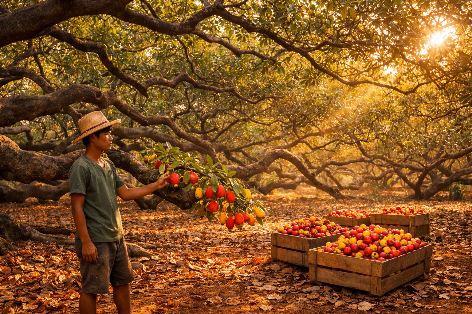 Homem em chapéu colhendo frutas vermelhas em pomar ao pôr do sol com caixas cheias de frutas no chão.