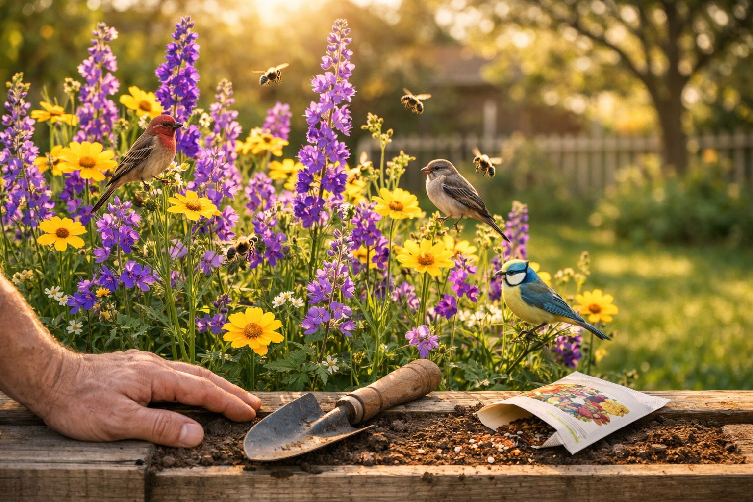 Mãos junto a pá e sementes com flores roxas e amarelas, três pássaros e abelhas em jardim ensolarado.