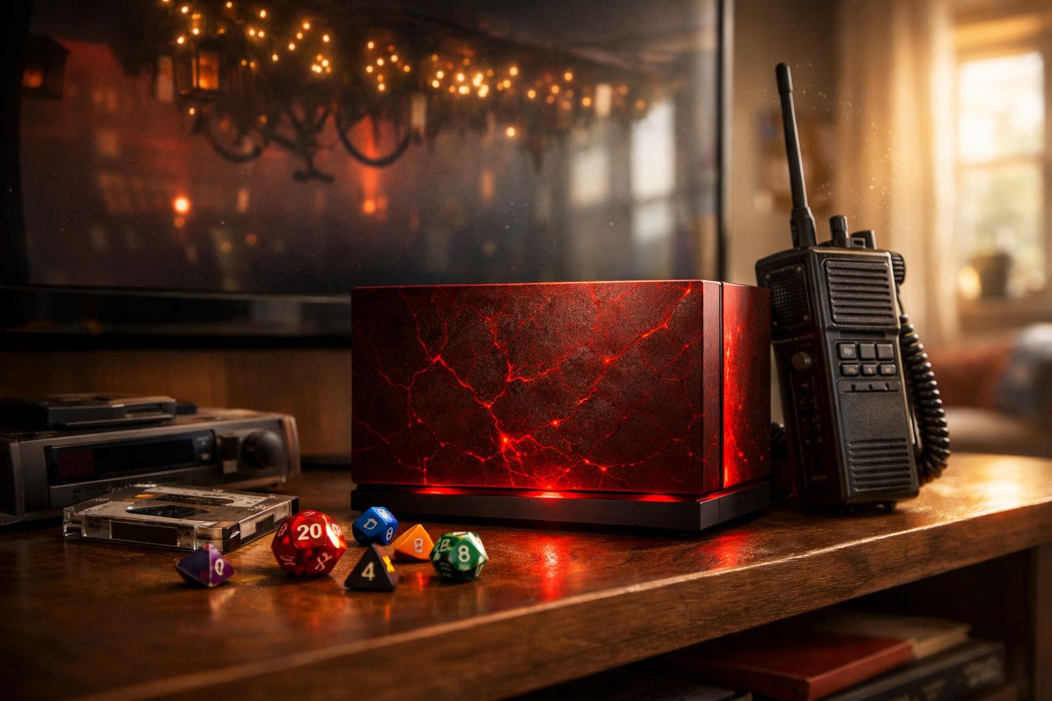 Mesa de madeira com rádio comunicador, dados coloridos e caixa com luz vermelha.