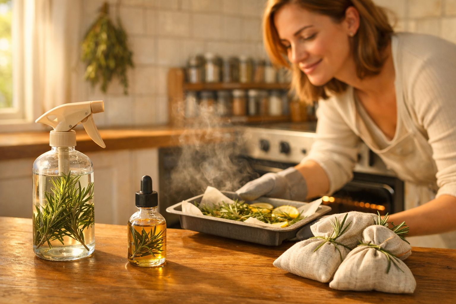 Mulher retirando assadeira com ervas do forno em cozinha iluminada pelo sol da manhã.