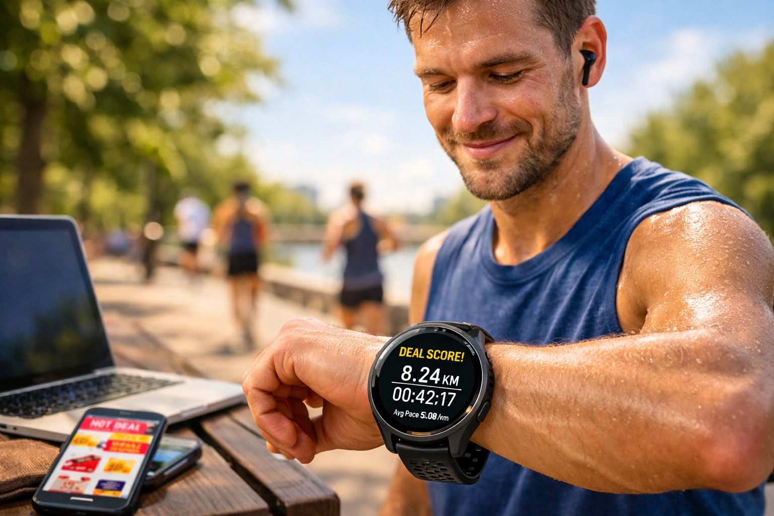 Homem suado ao ar livre checando app de corrida em relógio inteligente com outras pessoas correndo ao fundo.