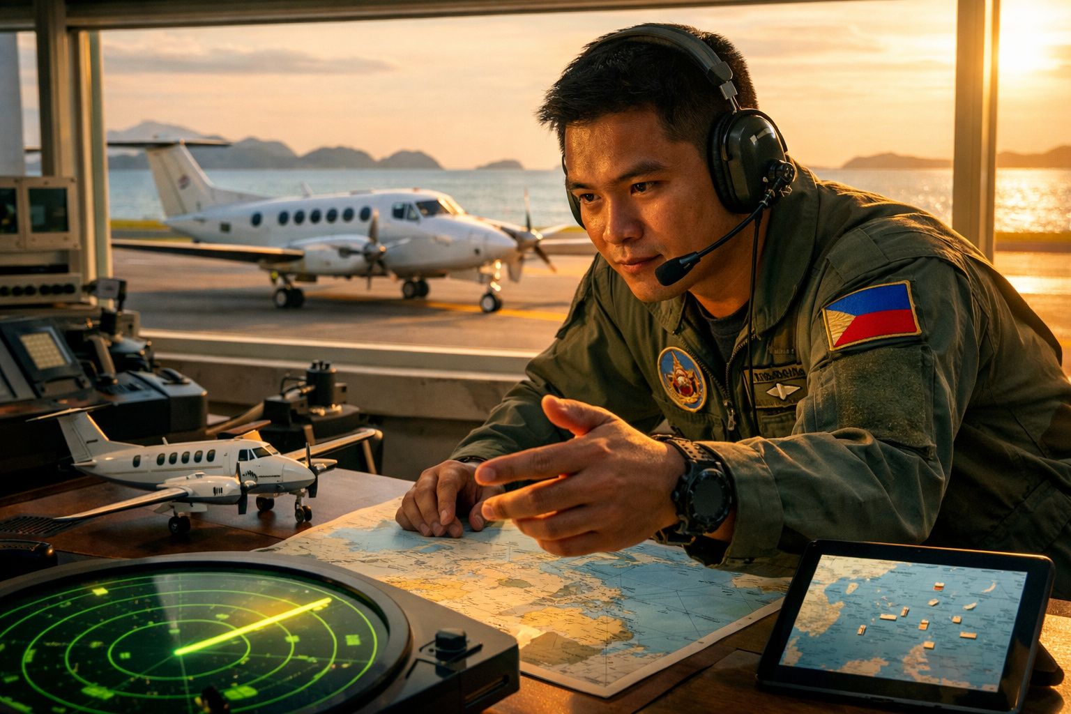 Homem com fone de piloto analisa mapa e radar em torre de controle com avião e mar ao fundo ao pôr do sol.