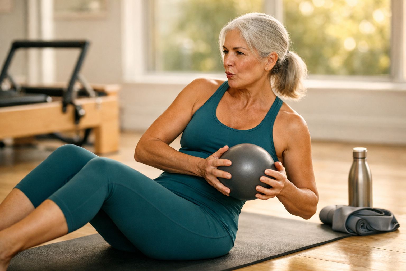 Mulher madura com roupa esportiva fazendo exercício com bola de pilates em estúdio iluminado.