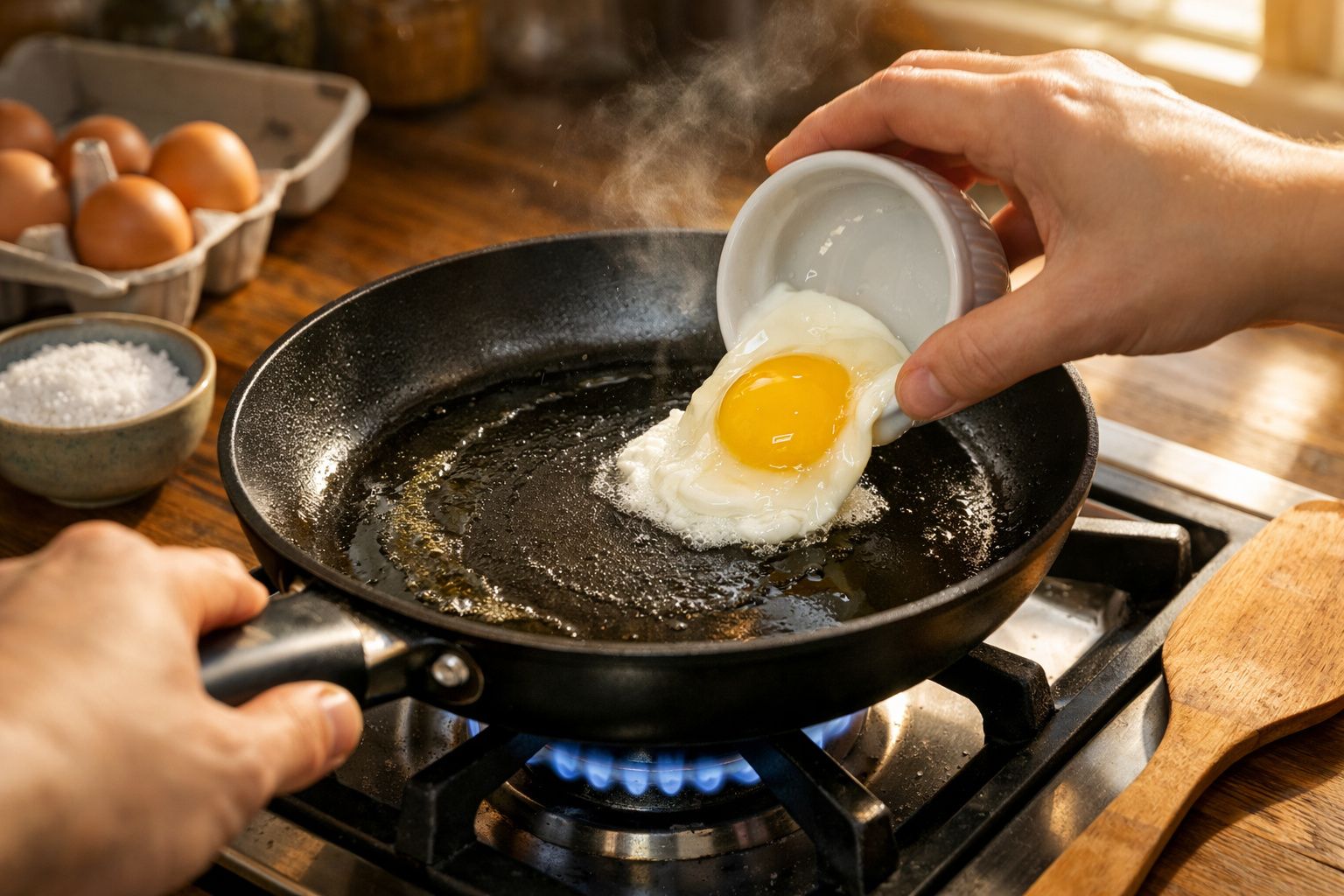 Mão colocando ovo para fritar em frigideira quente sobre fogão a gás, com vapor visível saindo do ovo.