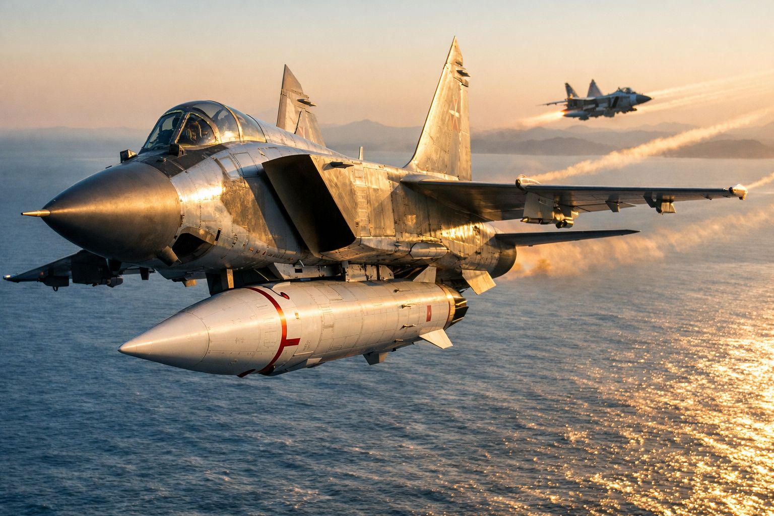 Caça militar voando ao pôr do sol sobre o mar com dois aviões em formação e rastros de fumaça atrás.