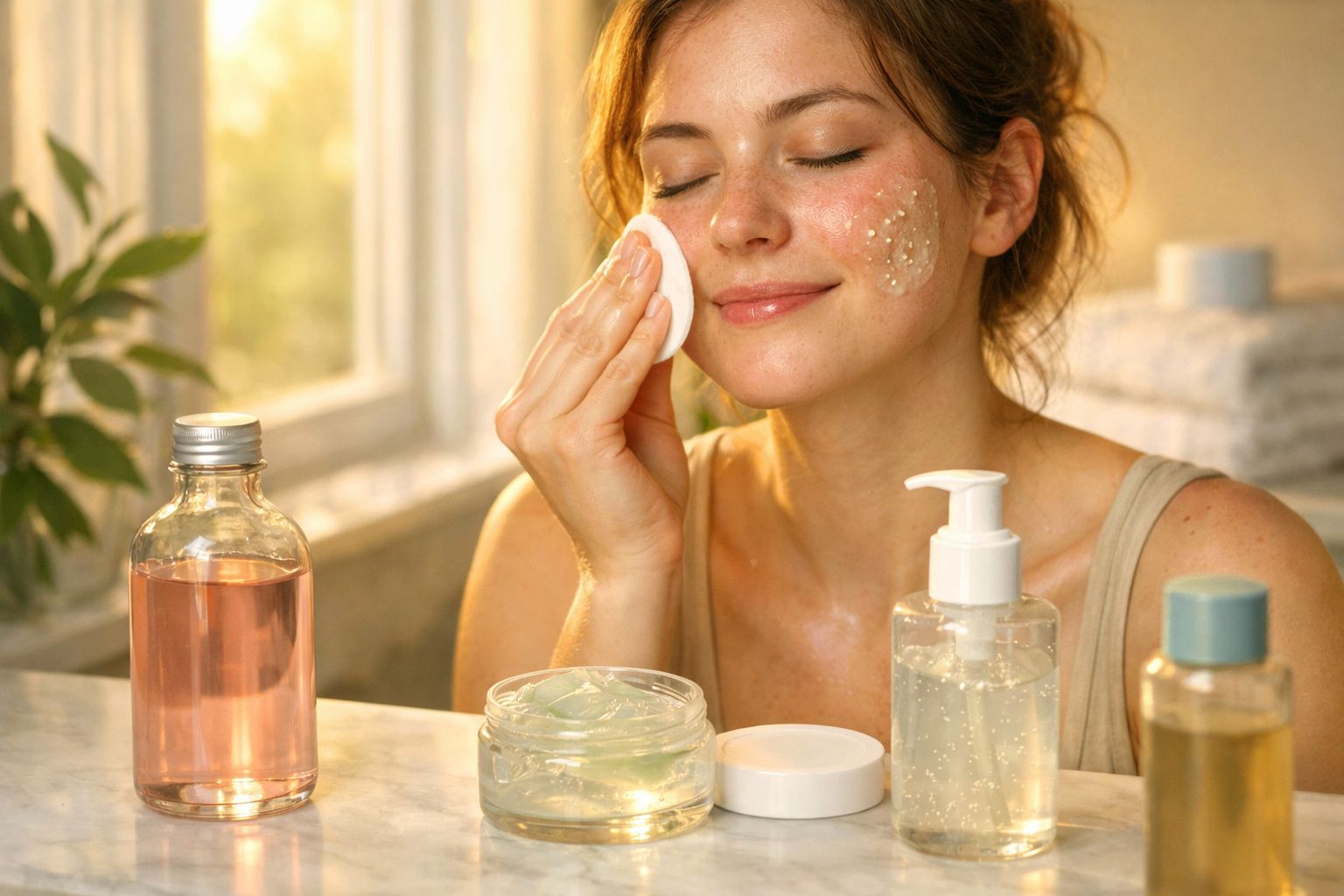 Mulher aplicando esfoliante facial com algodão, cercada por frascos de produtos de cuidados com a pele.