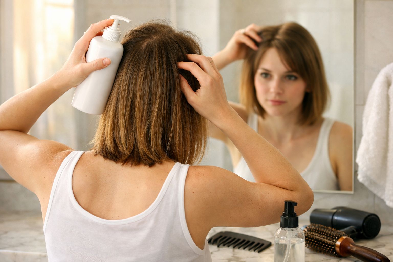 Mulher aplicando produto no cabelo curto em frente ao espelho no banheiro.