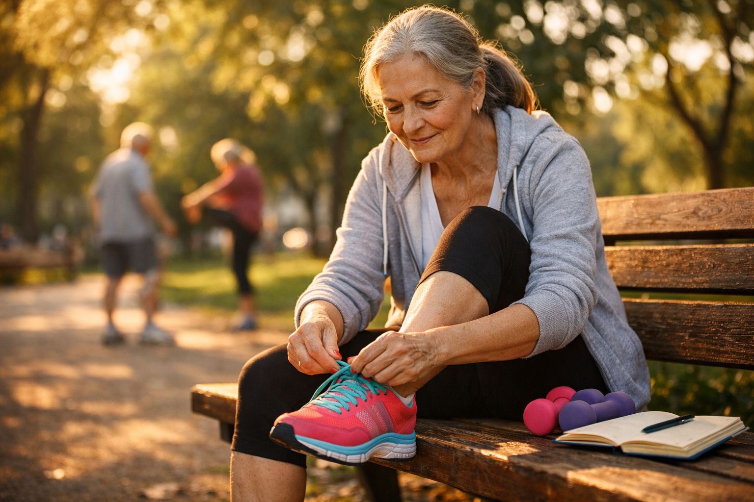 Mulher adulta amarrando tênis no banco do parque com halteres e caderno ao lado, em tarde ensolarada.