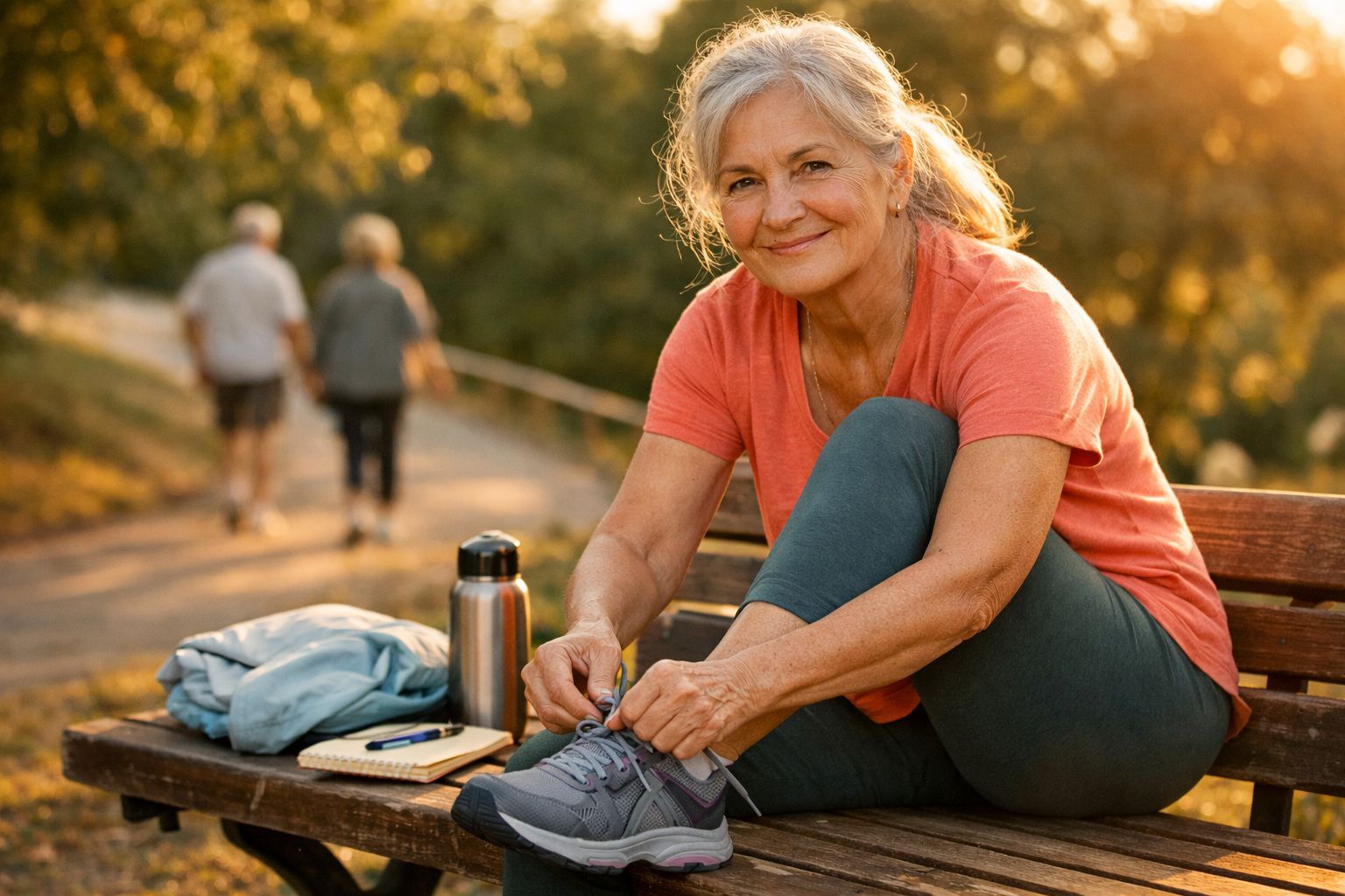 Mulher idosa amarrando tênis sentada em banco de parque ao entardecer, com casal caminhando ao fundo.