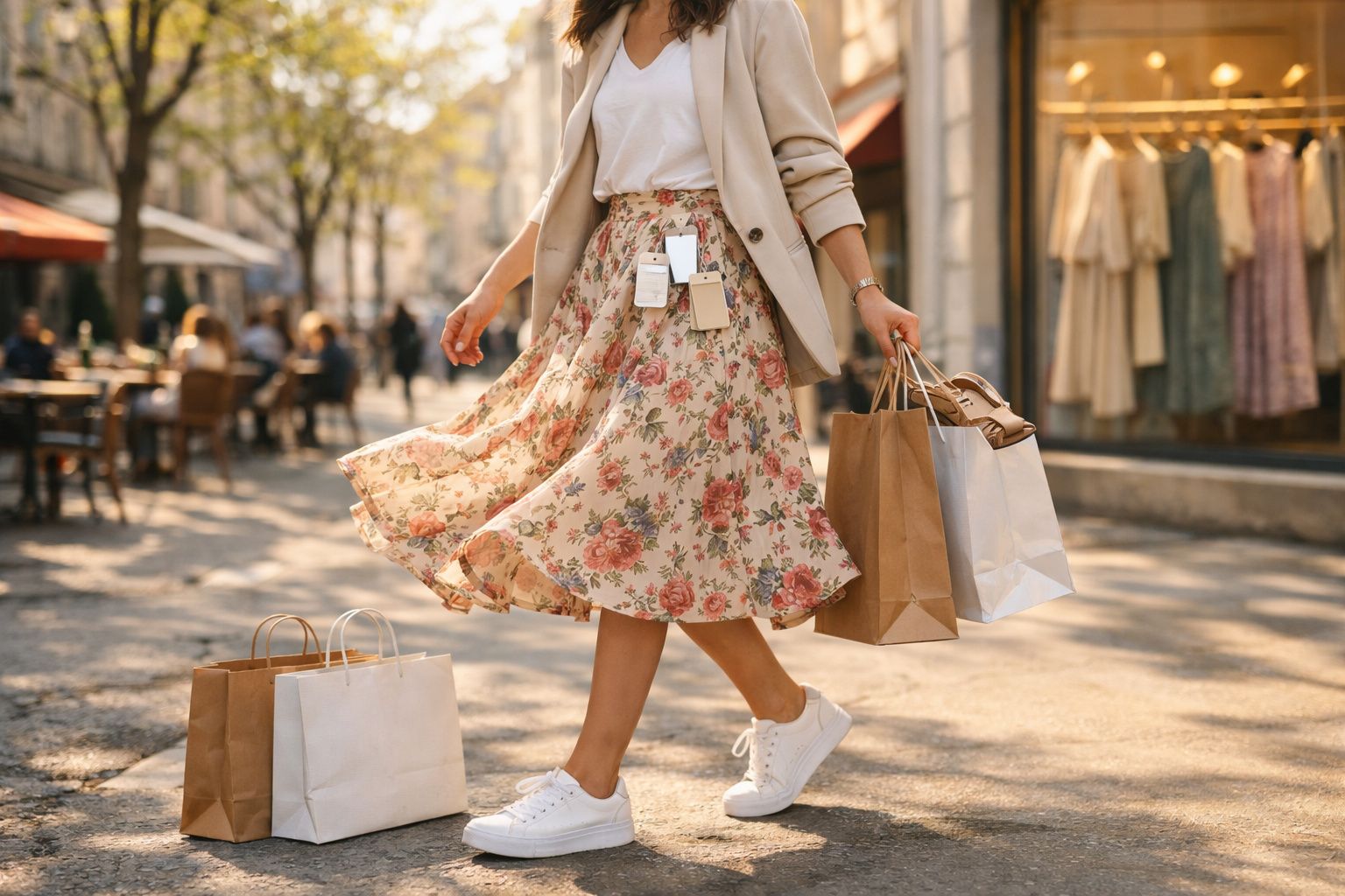 Mulher caminhando com saia florida esvoaçante e sacolas de compras em rua ensolarada com vitrines ao fundo.