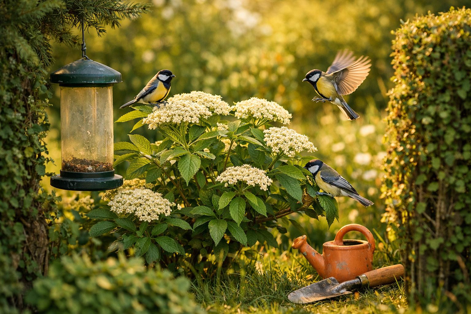 Três pássaros em arbusto florido próximo a comedouro, regador e ferramenta de jardim em dia ensolarado.
