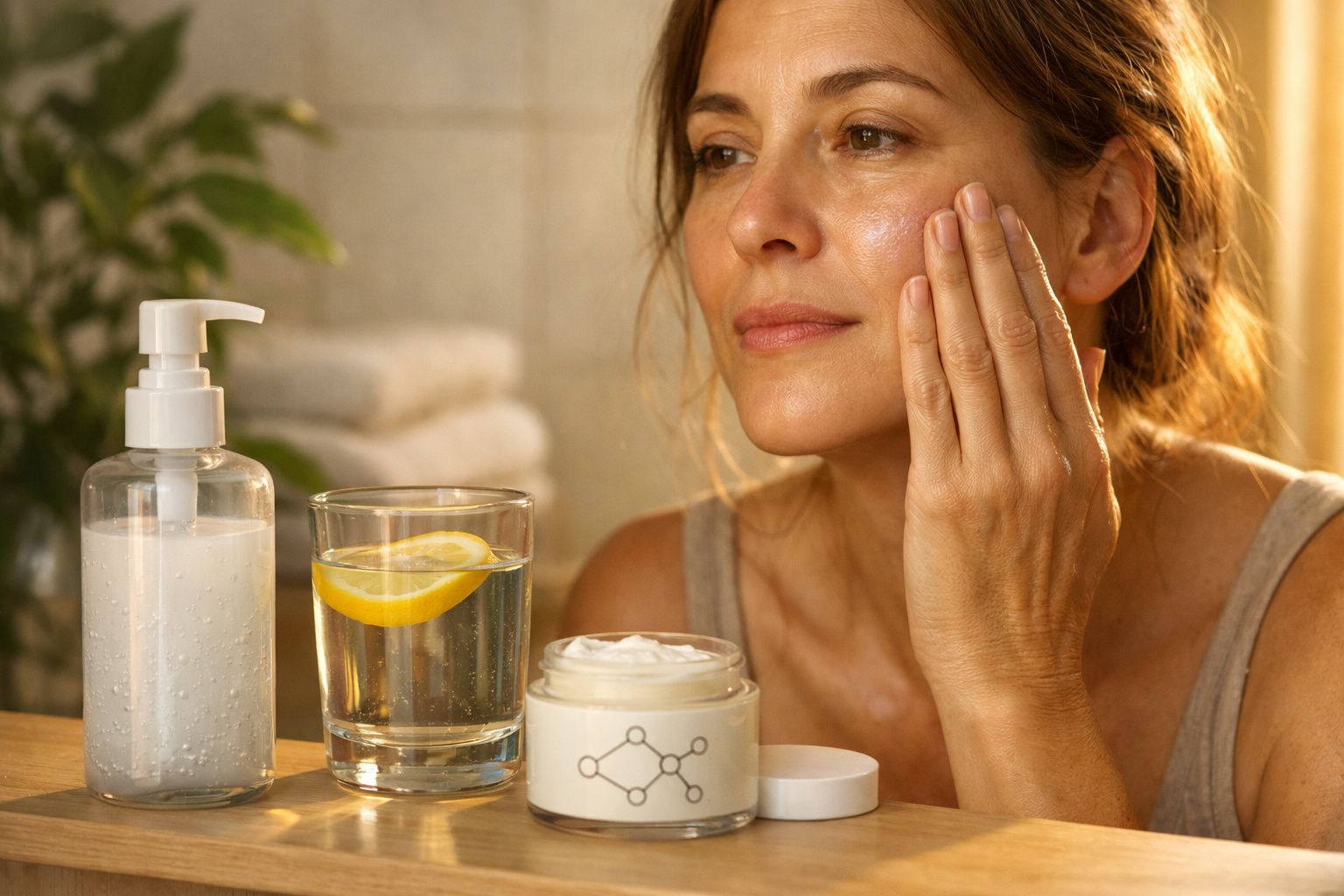 Mulher aplicando creme facial com frascos de loção e copo com água e limão ao lado.
