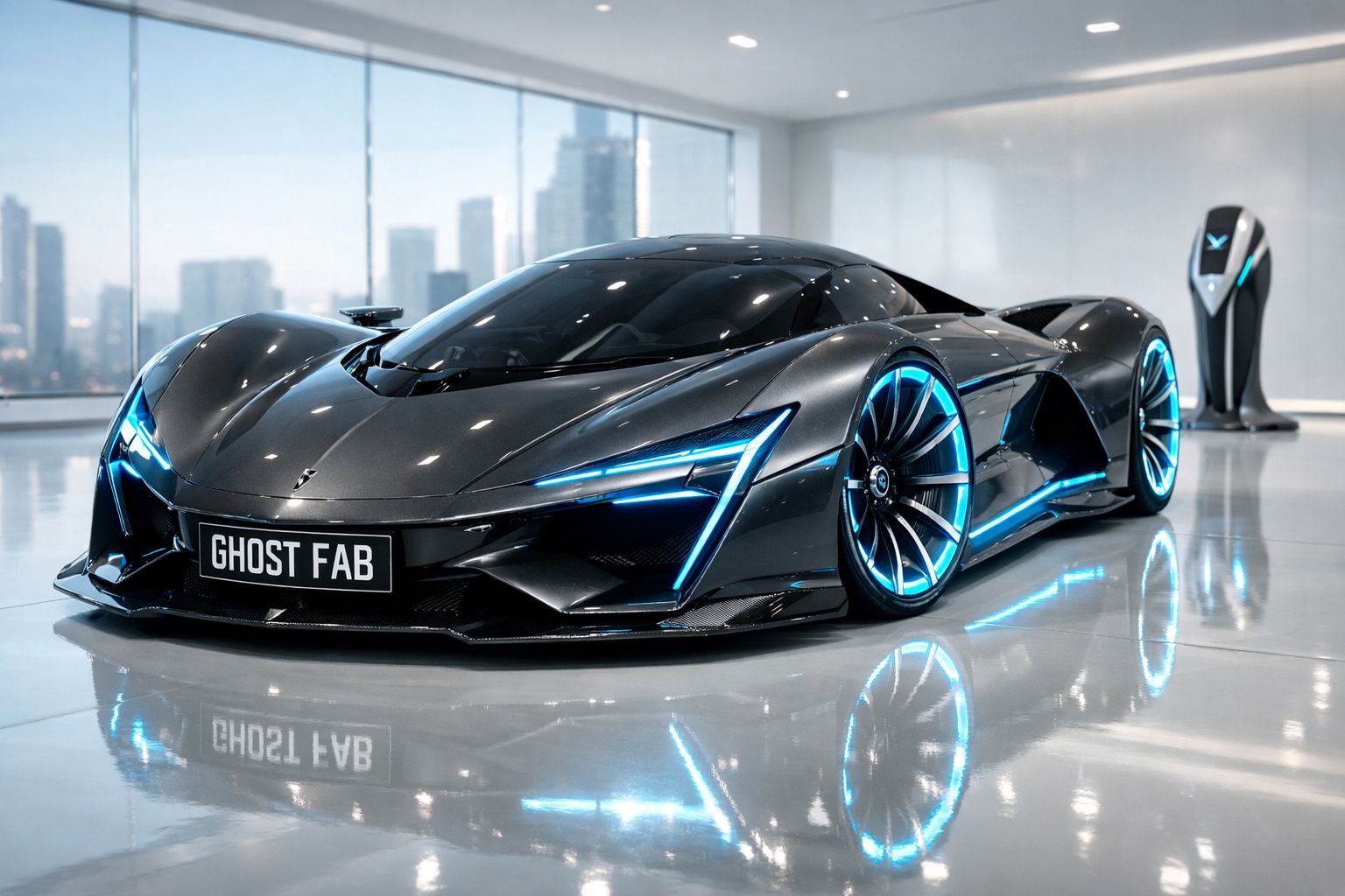 Carro esportivo futurista preto com luzes azuis em showroom moderno, próxima a carregador elétrico.