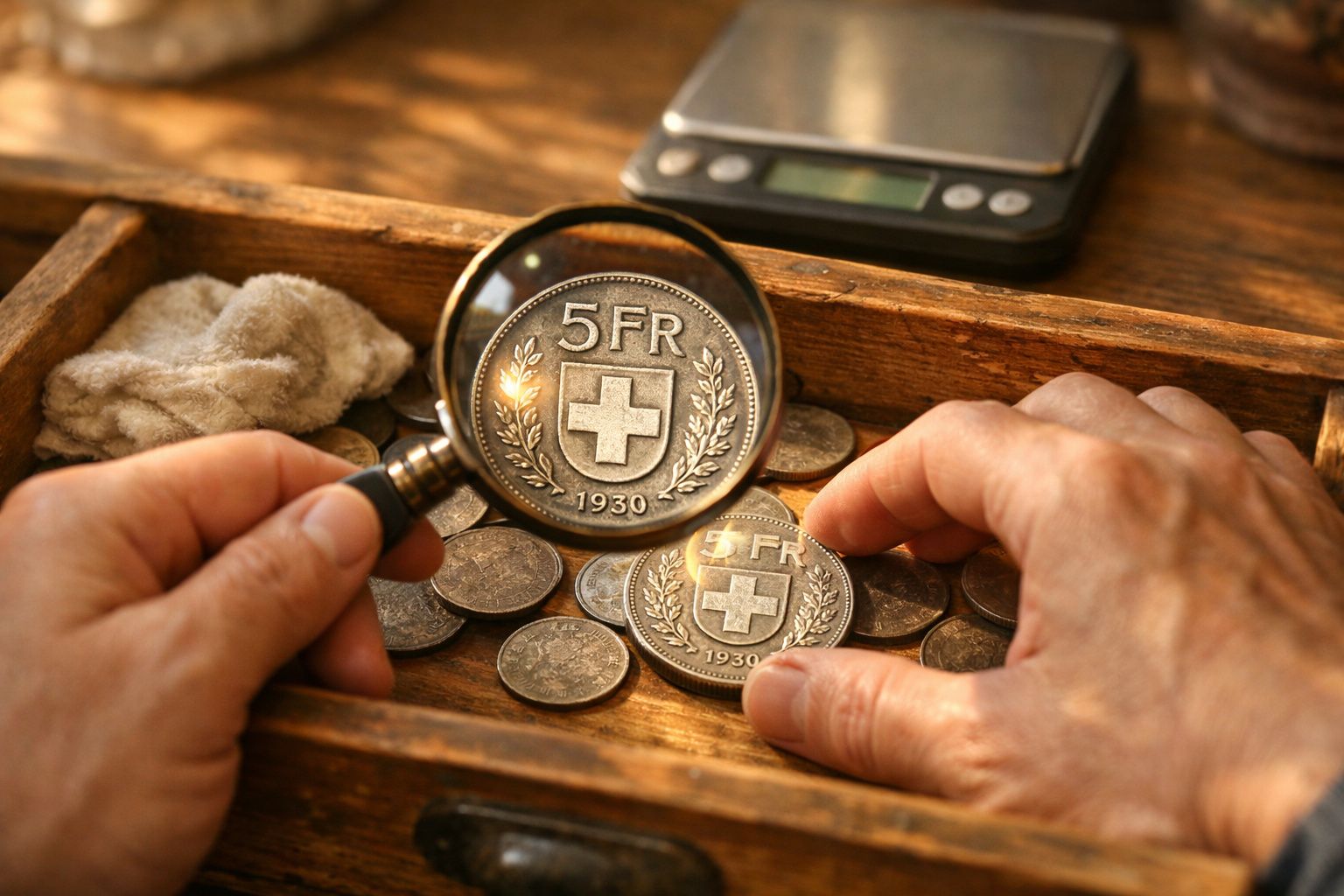 Mãos seguram moeda de 5 francos suíços de 1930 com lupa dentro de caixa de madeira com outras moedas e balança digital.