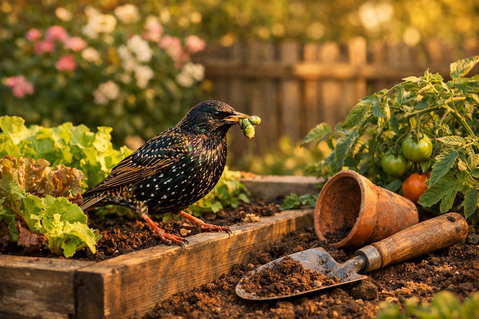 Pássaro com inseto no bico em canteiro de jardim com plantas e ferramentas de jardinagem.