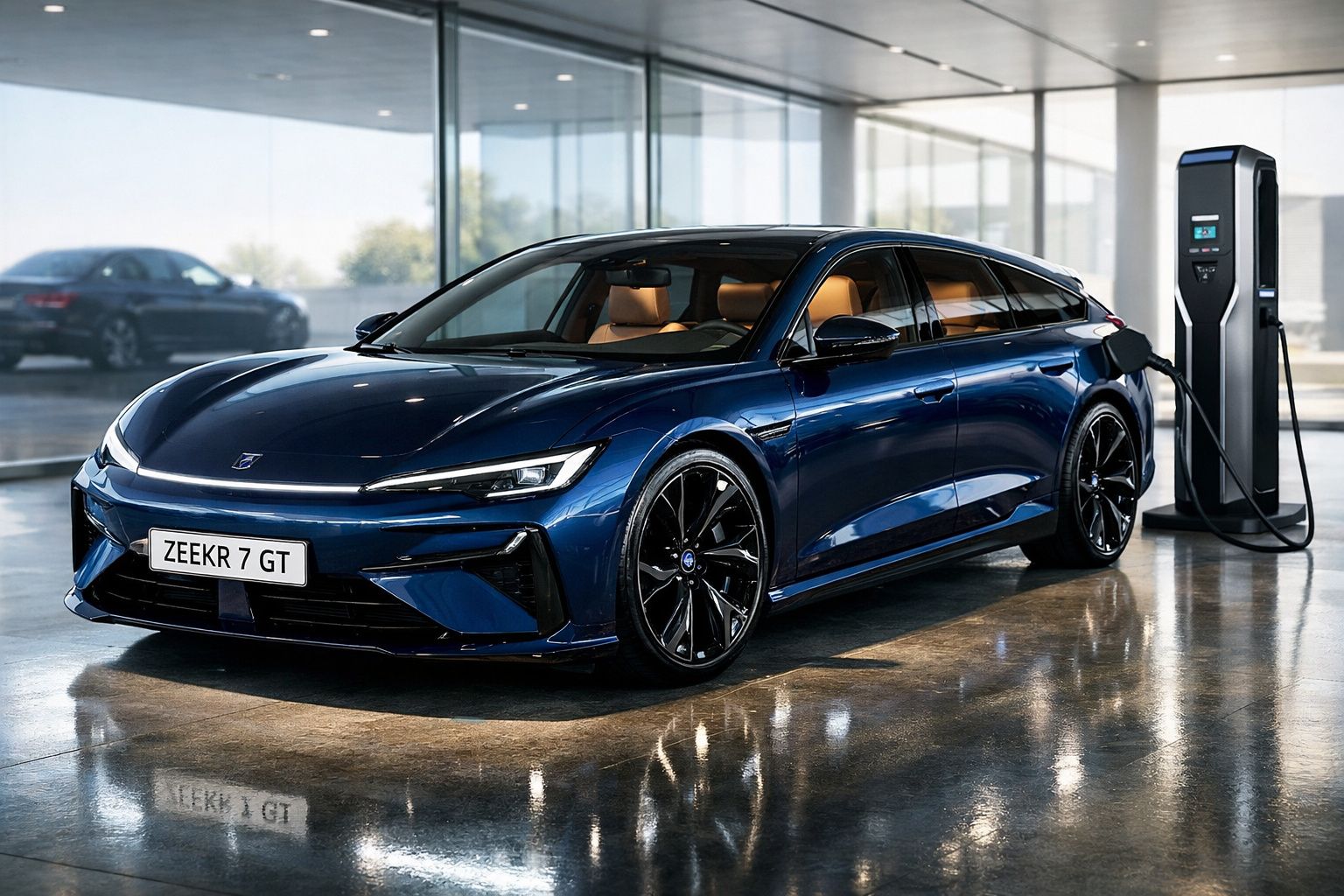 Carro elétrico esportivo azul ZEKKR 7 GT conecta em estação de carregamento em ambiente moderno e iluminado.