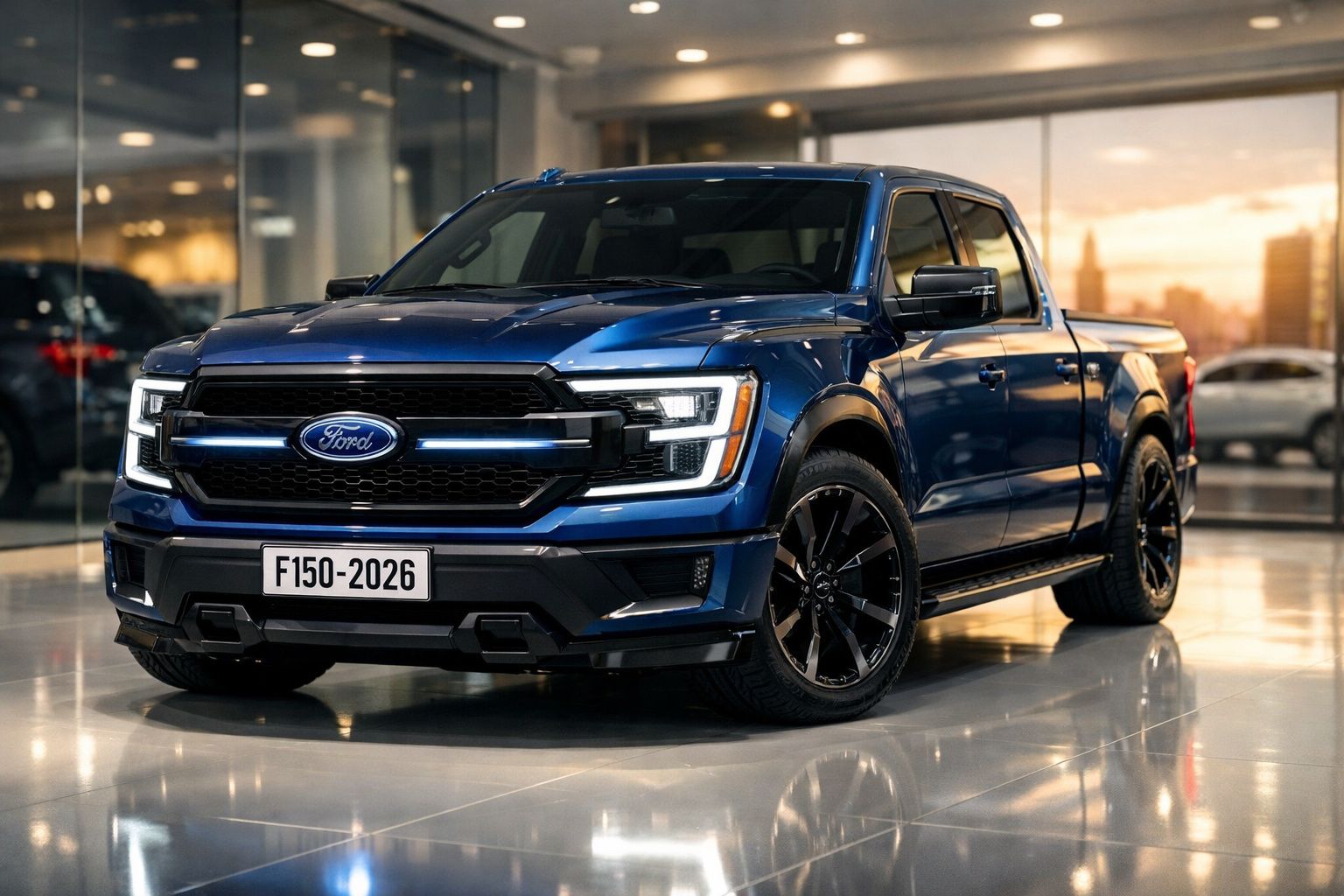 Picape Ford F-150 2026 azul, vista frontal em salão com piso refletivo e iluminação quente.