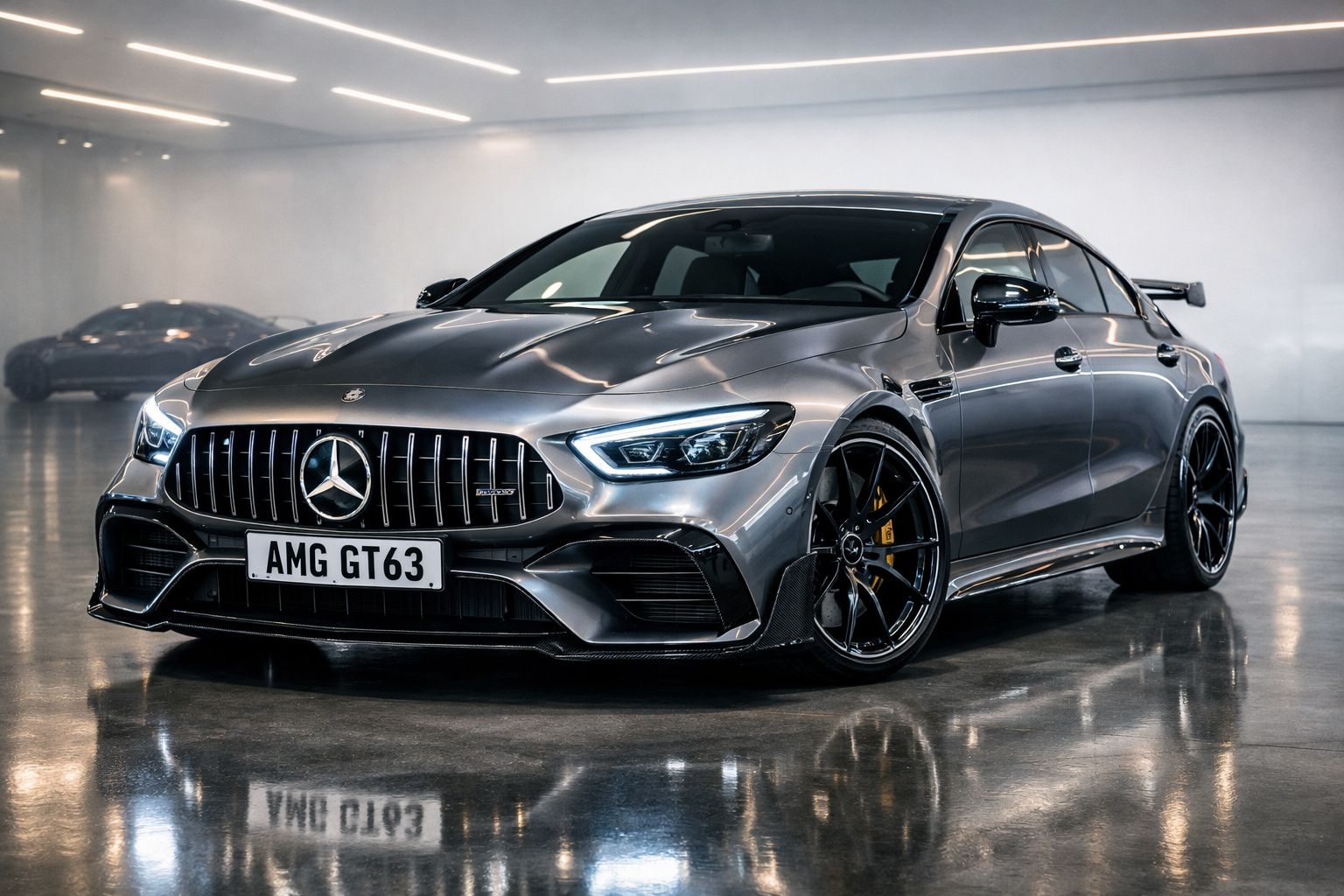 Mercedes-Benz AMG GT63 cinza metálico em ambiente interno com piso refletivo e iluminação moderna.